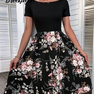 SHEIN Black Floral Midi Dress